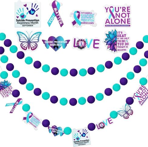 3 Pcs Suicide Prevention Awareness Month Hanging Pompom Ball Teal Purple Ribbon You Are Not Alone Love Inspirational Suicide Prevention Party Banner Set for Activities Decor in Saudi Arabia