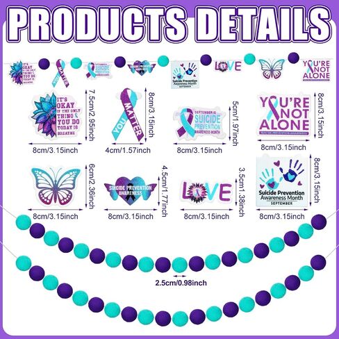 3 Pcs Suicide Prevention Awareness Month Hanging Pompom Ball Teal Purple Ribbon You Are Not Alone Love Inspirational Suicide Prevention Party Banner Set for Activities Decor in Saudi Arabia