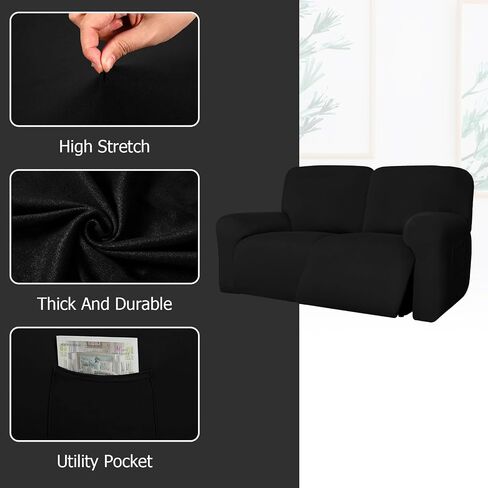 أغطية كرسي Loveseat عريضة للغاية مقاس 75 بوصة × 100 بوصة، أغطية أريكة قابلة للاستلقاء بمقعدين 6 قطع من حرير الحليب أغطية أريكة قابلة للاستلقاء واقي أثاث قابل للغسل (أسود) in Saudi Arabia