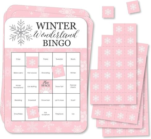Big Dot of Happiness Pink Winter Wonderland - Bingo Cards and Markers - Holiday Snowflake Birthday Party and Baby Shower Bingo Game - Set of 18 in Saudi Arabia