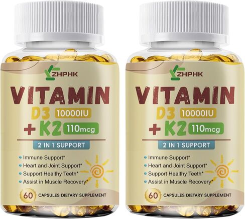 Vitamin D3 and K2 Supplements, Vitamin D and K 10,000 IU Strong Bones & Heart Health Support | Vitamin D3 High Potency Non-GMO Formula Calcium Absorption, Easy to Swallow 120 Softgels in Saudi Arabia