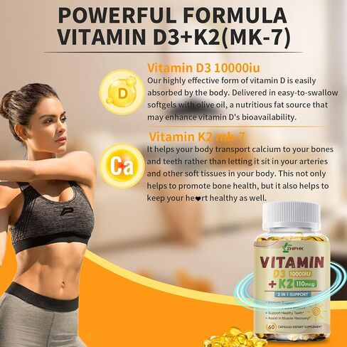 Vitamin D3 and K2 Supplements, Vitamin D and K 10,000 IU Strong Bones & Heart Health Support | Vitamin D3 High Potency Non-GMO Formula Calcium Absorption, Easy to Swallow 120 Softgels in Saudi Arabia