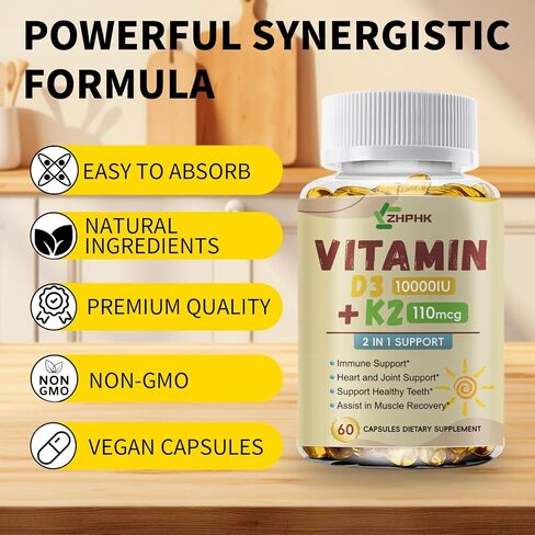Vitamin D3 and K2 Supplements, Vitamin D and K 10,000 IU Strong Bones & Heart Health Support | Vitamin D3 High Potency Non-GMO Formula Calcium Absorption, Easy to Swallow 120 Softgels in Saudi Arabia