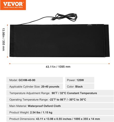 VEVOR Insulated Band Style Gas Cylinder Warmer, Fits 40 lbs Gas Tanks 120W Propane Heater, Fixed Internal Thermostat Max Temp 90 ℉, Durable Waterproof Oxford Fabric, UL/FCC Listed in Kuwait