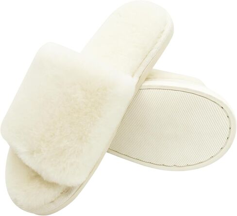Fuzzy Slippers Women Fluffy Faux Fur Open Toe House Slippers Comfy Soft Non-Slip House Sandals Shoes Indoor Outdoor， Brown in Kuwait
