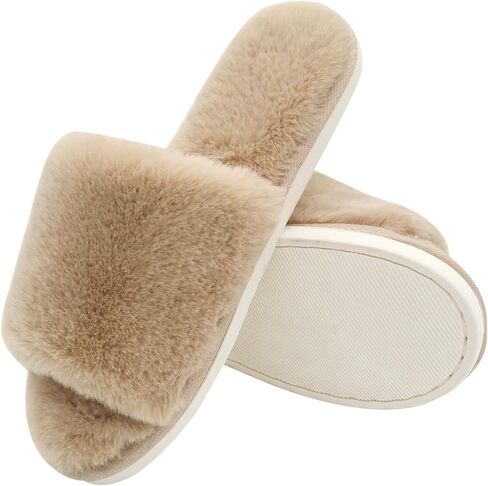 Fuzzy Slippers Women Fluffy Faux Fur Open Toe House Slippers Comfy Soft Non-Slip House Sandals Shoes Indoor Outdoor， Brown, Size 6.5-7 in Saudi Arabia