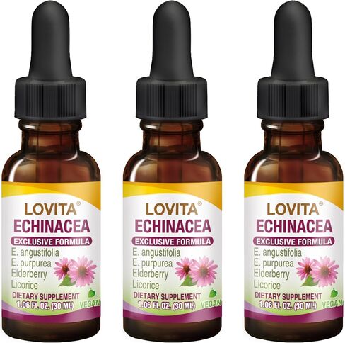 Lovita Echinacea Extract Liquid | 1 FL OZ | 350 mg per Serving | Concentrated Herb Tincture | Vegan | Alcohol-Free | with Elderberry and Licorice Extract (Pack of 3) in Saudi Arabia