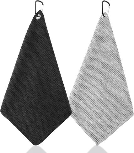 2Pcs Golf Bag Towel,Golf Rag with Carabiner Microfiber Fabric Waffle Pattern,Mens Black Golf Towel for Golf Bag (Black,Grey) in Saudi Arabia
