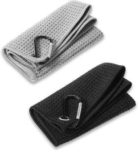 2Pcs Golf Bag Towel,Golf Rag with Carabiner Microfiber Fabric Waffle Pattern,Mens Black Golf Towel for Golf Bag (Black,Grey) in Saudi Arabia