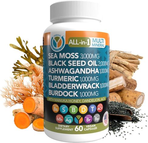 Yemayá The Natural Way الكل في 1، مكمل عضوي خام متعدد المعادن من طحالب البحر، مع زيت بذور البحر الأسود العضوي، وجذر الأرقطيون، والكركم، وفيتامين ج، والمزيد، 60 كبسولة نباتية in Saudi Arabia