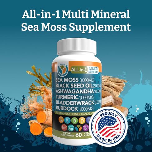 Yemayá The Natural Way الكل في 1، مكمل عضوي خام متعدد المعادن من طحالب البحر، مع زيت بذور البحر الأسود العضوي، وجذر الأرقطيون، والكركم، وفيتامين ج، والمزيد، 60 كبسولة نباتية in Saudi Arabia