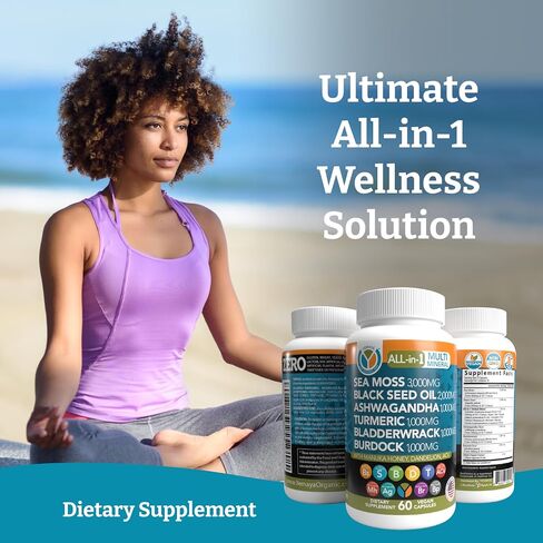 Yemayá The Natural Way الكل في 1، مكمل عضوي خام متعدد المعادن من طحالب البحر، مع زيت بذور البحر الأسود العضوي، وجذر الأرقطيون، والكركم، وفيتامين ج، والمزيد، 60 كبسولة نباتية in Saudi Arabia