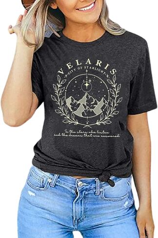 قميص Acotar Velaris تي شيرت نسائي رمز المحكمة الليلية تي شيرت مضحك مطبوع عليه حروف بأكمام قصيرة تي شيرت هدايا in Kuwait