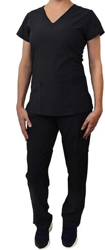 Green Town Scrubs for Women Scrub Set - V-Neck Top and Straight Leg Pant, 5 Pockets, Easy Care, Solids and Prints Uniforms -Navy/Indigo-XX-Large Petite in Saudi Arabia