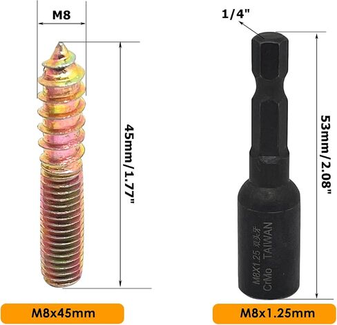 10 قطعة مسامير شماعات M8x35mm طقم براغي مزدوجة الرأس، براغي شماعات ذاتية التنصت للأثاث الخشبي، مع محرك M8x1.25 مم، سطح مطلي بالزنك in Saudi Arabia