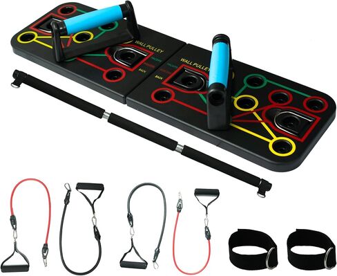 Push Up Board & Pilates Bar Kit (15 Fitness Accessories) – Portable, Foldable & Color Coded Exercise Equipment for Full Body Work Out | Fitness Equipment for Strengthening Chest, Triceps, Back, & Arms in Saudi Arabia