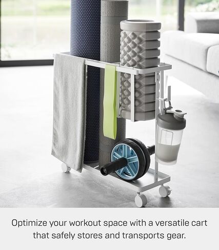 Yamazaki Home Tower Rolling Slim Fitness Rack With Adjustable Holder, Casters, Hooks For Gear Organization - Steel in Kuwait