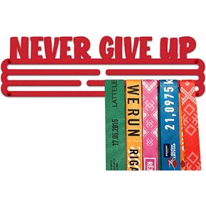 NEVER GIVE UP Sport Medal Hanger Display | Matte Red Steel Medal holder | up to 30 medals