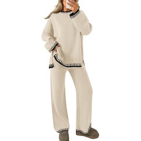 ZESICA Womens 2024 Fall 2 Piece Outfits Sweater Sets Long Sleeve Pullover Tops Wide Leg Pants Lounge Set
