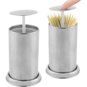 Toothpick Holder 2pcs, Stainless Steel Toothpick Holder Dispenser Automatic Click Open Toothpick Dispenser Toothpick Storage Box