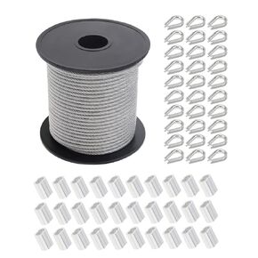 1/8" Stainless Steel Cable Kit, PNXKTXO 98ft Wire Rope Nylon Coated 7 * 7 Strand with M3 Wire Rope Thimbles Rigging, Aluminum Crimping Loop Sleeve Ferrules