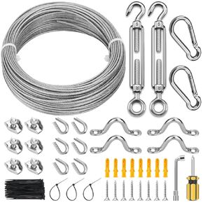 120Ft 1/16" Stainless Steel Wire Rope Kit, Vinyl Coated Steel Cable Wire, Turnbuckles for Tension Wire for Clothesline Outdoors Hooks for String Light Hanging Kit Shade Sail Hardware Kit
