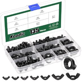 Keadic 135Pcs M3 M4 M5 M6 M8 M10 M12 Wing Nuts Assortment Kit, Carbon Steel Black Zinc Plated Wing-Nut Fasteners Hand Twist Tighten Ear Wingnuts Butterfly Nut for Home Building Industry