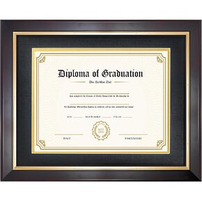 8.5x11 Diploma Frame with Black over Gold Mat, 11x14 Certificate Frame, Real Wood with Gold Trim, Brown Frame with Tempered Glass