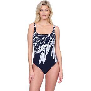 Gottex Nature’s Beauty Black and White Leafy Print Women’s Square Neck One Piece Bathing Suit with Adjustable Straps
