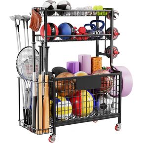 Garage Storage Sports Equipment Organizer: Utility Garage Ball Storage Rack with Wheels - Golf Bag Stand for Rolling Ball Cart with Hooks and Baskets for Basketballs Footballs Toys Indoor Outdoor use