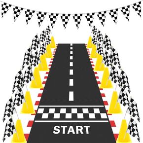 38 Pcs Checkered Flag Party Supplies, Catcan Race Car Party Decorations Include 24P Racing Checkered Flags Hand Held 12P Traffic Cones 1 Hanging Checkered Flag 1 Racetrack Floor Running