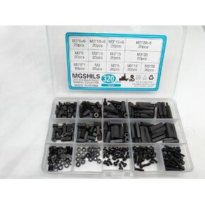 320pcs Black Male Female Hexagon Isolation Column Kit, Nylon Insulation Tube, Standoff Screw Nut,Nylon Hex Spacer, Hex Standoff Screws, Hex Nut Assortment Kit