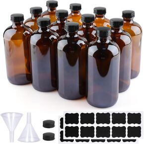 12 Pack 16 oz Amber Glass Bottles, Boston Round Sample Bottles with Black Poly Cone Caps, Labels and Funnels