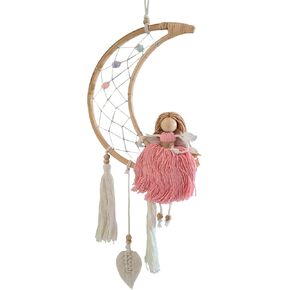 Moon Angel Dream Catcher, Macrame Moon Angel Girl Room Decor, Moon Angel Wall Décor with Stars, Handmade Wall Art for Women Girls (Pink)