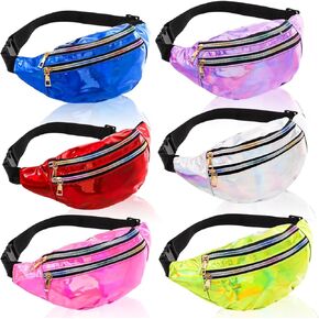 6 Pieces Holographic Fanny Pack, Adjustable Shinny Sport Waist Bag Festival, Metallic Color Neon Waist Pack for Outdoors, Travel, Running, Party