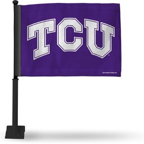 Rico Industries NCAA TCU Horned Frogs Black Pole Car Flag W' Black Pole Double Sided Car Flag - 16" x 19" - Strong Pole that Hooks Onto Car/Truck/Automobile