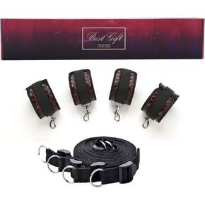 EXREIZST Adjustable Black Meatal Spreader Bar with Red Leather Straps Set