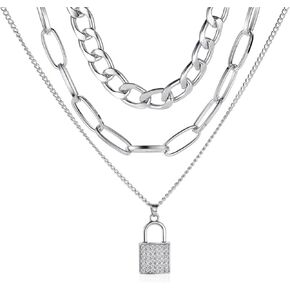 Chunky Lock Chain Pendant Necklace for Women Teen Girls Gold Silver Plated Punk Statement Layered Paperclip Chain Chic Rhinestone Cubic Zirconia Padlock Link Choker Necklace for Hip Hop Trendy Jewelry Gifts