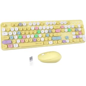 UBOTIE Colorful Computer Wireless Keyboards Mouse Combos, Typewriter Flexible Keys Office Full-Sized Keyboard, 2.4GHz Dropout-Free Connection and Optical Mouse (White-Colorful) in Kuwait