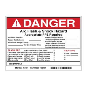Brady 121078 Vinyl Write-On Arc Flash & Shock Labels (Danger) , Black/Red On White, 5" Height x 7", Legend "Danger Arc Flash & Shock Hazard Appropriate Ppe Required Flash Hazard Category____..., Etc." (5 Labels per Package)