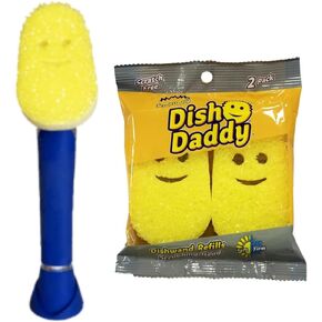 Scrub Daddy Dish Daddy Dish Wand & Refill Heads, Soap Dispensing Dish Brush, Texture Changing Washing Up Sponge With Liquid Handle, Dish Sponge with Built-in Scraper & Scrubbing Head, Drip stand, Blue