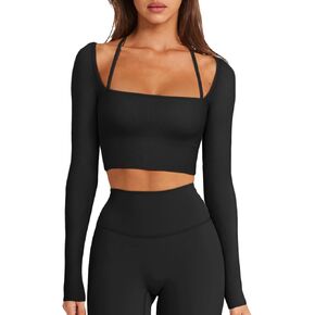 LASLULU Womens Sexy Square Neck Crop Top Ribbed Seamless Long Sleeve Workout Tops Halter Neck Yoga Tops with Built in Bra