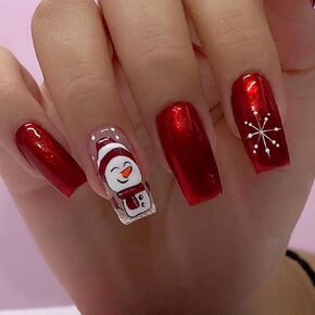 Snowflake Press on Nails Medium Christmas Fake Nails White Silver Glitter Stripe Glue on Nails Winter Xmas Stick on Nails Acrylic Coffin Nails for Women