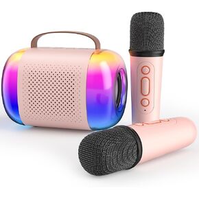 آلة كاريوكي صغيرة للأطفال البالغين، آلة كاريوكي محمولة مع 2 ميكروفونات لاسلكية وأضواء LED ملونة للحفلات المنزلية، لعبة هدية وردية للفتيات 4، 5، 6، 7، 8 سنوات فما فوق من الأطفال الصغار والمراهقين in Kuwait
