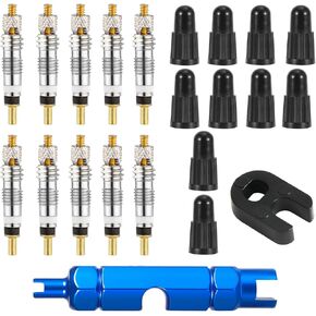 10pcs Valve Core, Tubeless Valve Core Bike Replacement with 1 Disassembly Wrench & 1 Alloy Valve Core Dismantle Tools & 10 Valve Core Caps Bicycle Valve Core for Tubeless Road MTB Bike Tires