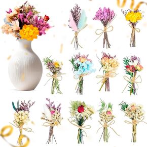 13 Pcs Dried Flowers for Decoration - Cute Mini Bouquets - Natural Dry Flowers - Beautiful Wildflower Wedding Decor, Party Decorations - Different Types of Flowers