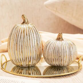 Thanksgiving Resin Pumpkin Decor, Brown and White Pumpkin Statue for Fall Harvest Decor, Faux Decorative Pumpkins Figurine for Table Centerpiece, Autumn Countryside Style Home Decor, Set of 2, Gift
