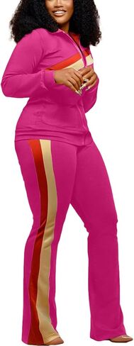 BFFBABY 2 Piece Outfits for Women Long Sleeve Striped Zipup Jacket Wide Leg Long Pant Retro Tracksuit Sport Set Wine Red in Kuwait