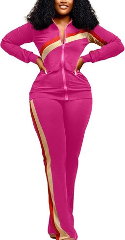 BFFBABY 2 Piece Outfits for Women Long Sleeve Striped Zipup Jacket Wide Leg Long Pant Retro Tracksuit Sport Set Wine Red in Kuwait