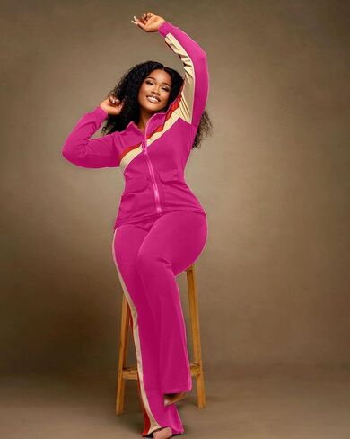 BFFBABY 2 Piece Outfits for Women Long Sleeve Striped Zipup Jacket Wide Leg Long Pant Retro Tracksuit Sport Set Wine Red in Kuwait